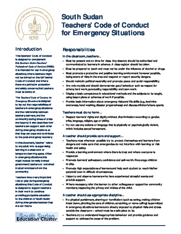 South Sudan Teachers Code Of Conduct For Emergency Situations Ungei