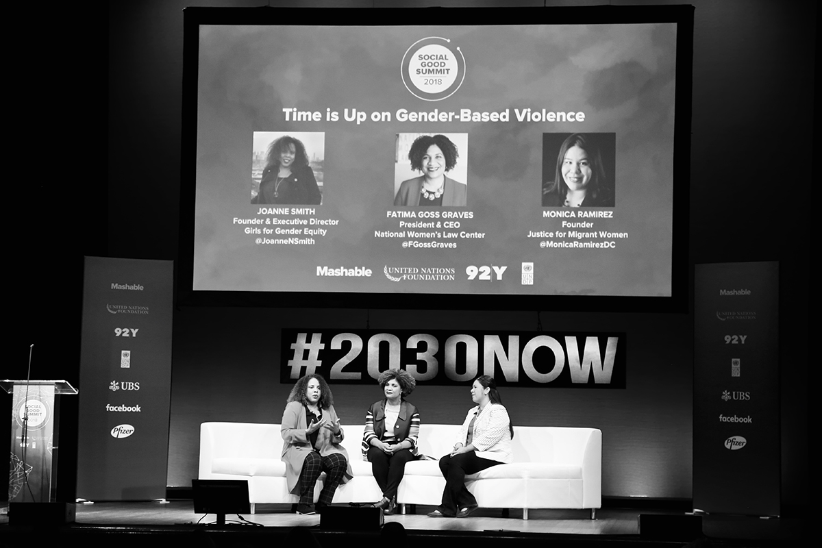 Monica Ramirez in conversation with Joanne Smith and Fatima Goss Graves at the Social Good Summit, New York, Sep 2018 (Sarah Winfield/UNGEI).